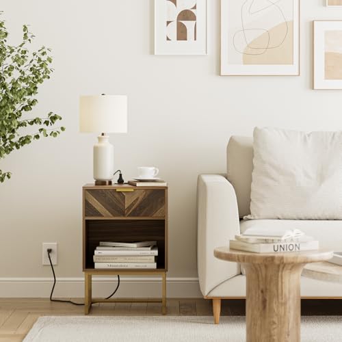 Image of Masupu Nightstand with Charging Station,Modern Night Stand Boho Farmhouse Wood Bedside Table with Storage Drawer Side End Table for Bedroom,Living Room,Office,Walnut Brown with Outlet