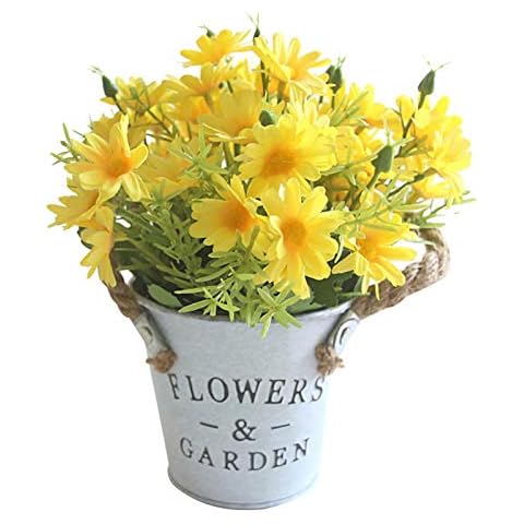 DRYEN Potted Artificial Daisies Flowers, Silky Artificial Daisies Bouquet in Metal Pot, Simulation Daisy Ornaments, Fake Daisy Plant Bonsai for Home Centerpieces Windowsill Decor, Yellow Cover