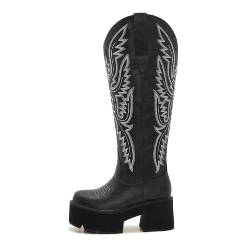 Image of Uillnoodu Women's Red Platform Cowgirl Boots with Zipper - Western Knee-High Chunky Sole Cowboy Boots