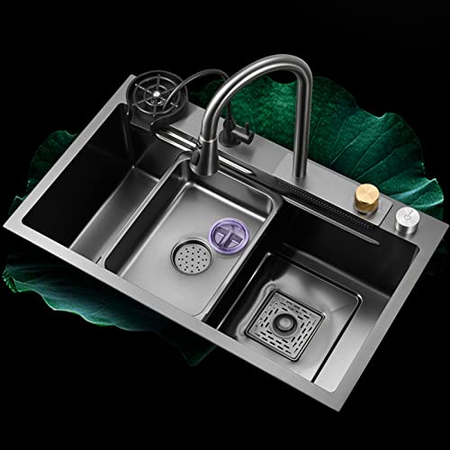 MRKU Évier de Cuisine à Cascade, Installation encastrée ou sous Plan, en Acier Inoxydable, avec Lave-Tasse et Robinet extractible.