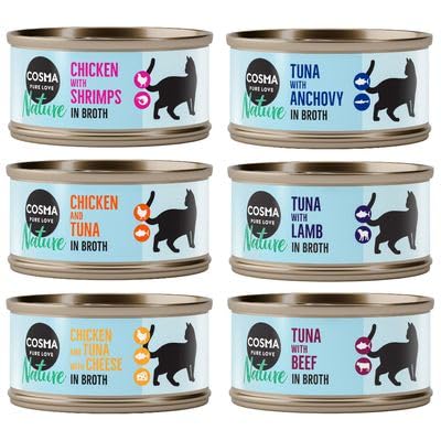 Cosma Nature 70 g Wet Cat Food Wet Food with 75% Tender Meat or Fish Gently Cooked in Own Juice No Additives (6X, Mix Pack 2 (6 Varieties)