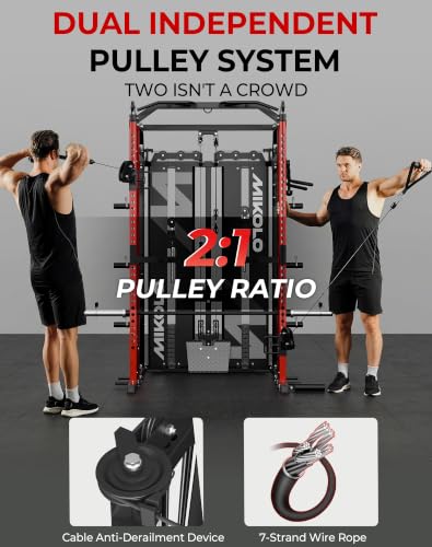 Image of Mikolo Smith Machine with Weight Stack, Power Cage Home Gym System with LAT Pulldown & Cable Crossover, Multi-Functional Trainer with Dual Pulley System, Includes 10+ Free Attachments