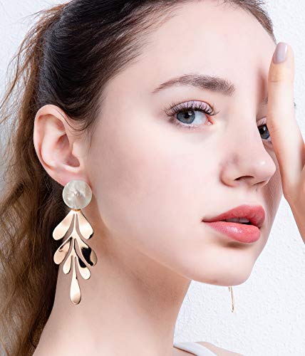 Rose Gold Leaf Dangle Earrings For Women Fashion Statement White Shell Hanging Bridal Elegant Charming Paua Drop Earrings For Girls Idea Gifts For Mom Sister And Friends White #TOP1