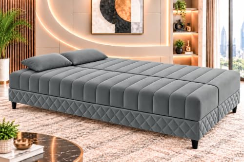 Image of 3-Seater Velvet Sofa Cum Bed | Tufted Convertible Sleeper Sofa | Plush Cushioned Seating | Space-Saving Design for Living Room, Bedroom & Office | Grey