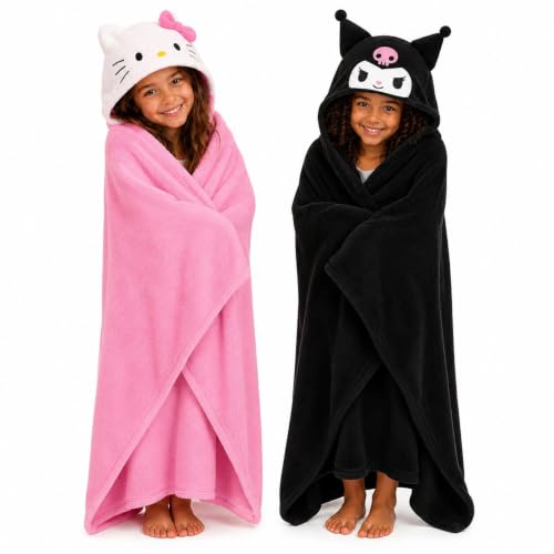 Hello Kitty Kuromi Hooded Wrap Blanket - Black/Pink Fleece Blanket with Novelty 3D Hood & Pompom - Cosy Wearable Throw - Size 120x150cm (Pink 120 x 150cm)