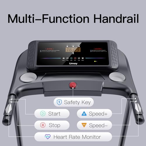 UMAY Fitness Home Folding 3 Level Incline Treadmill with Pulse Sensors, 3.0 HP Quiet Brushless, 8.7 MPH, 300 lbs Capacity, Dark