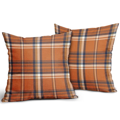 Sweetshow Fall Plaid Pillow Covers 18X18 Set Of 2 Orange Blue Buffalo Plaid Tartan Print Autumn Themed Decorative Throw Pillows Outdoor Pillowcase Square Linen Farmhouse Cushion Case Decor thumb #1