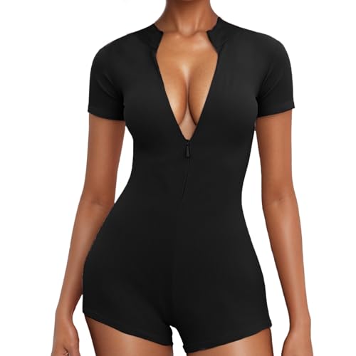 Merlvida Sport Jumpsuit für Damen Kurz Eng Yoga Einteiler Damen mit Reißverschl Sommer Overall Bodysuit Women Nahtloser ...