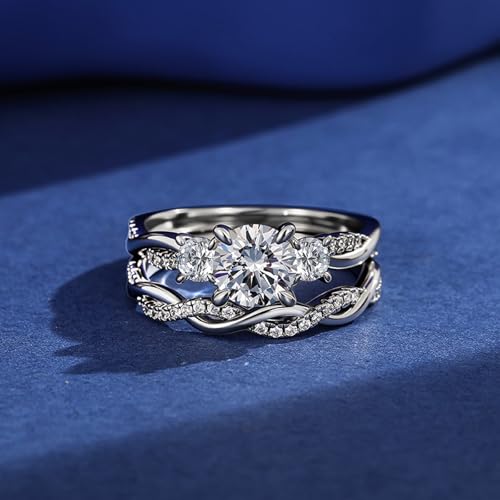 Image of Jeulia Round /Princess Cut Wedding Ring Sets for Women Three Stone Bridal Sets Engagement Ring Set CZ Twisting Infinity Pave Set 925 Sterling Silver Free Engraving