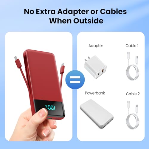 Image of Portable Charger for iPhone,13800mAh Slim Power Bank with Built-in Cables & AC Wall Plug,All in One 4 Outputs USB C Fast Charging Battery Pack Travel Essential for iPhone 17 /16 /15 /14,Android (Red)