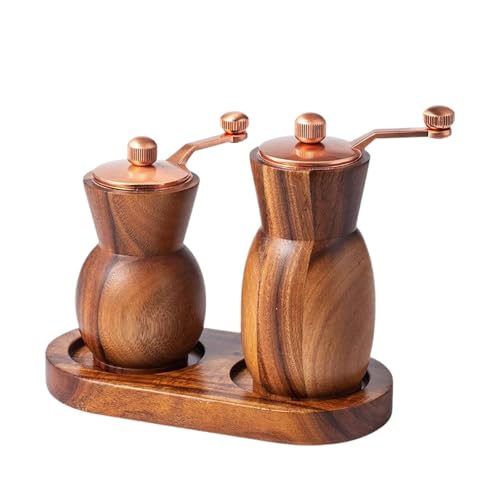DYNWAVE 2 Pieces Salt and Pepper Mill Set, Sea Salt Grinder Refillable with Tray, Wood Pepper Mill and Crank Handle
