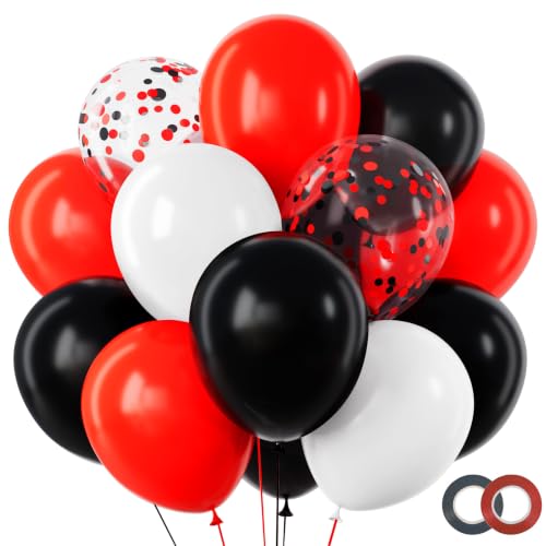 Image of RUBFAC Red and Black Balloons Graduation Decorations Kit, White and Confetti Balloon 65pcs 12in, Party Balloons for Birthday, Stranger Things or Casino Theme Party Decorations