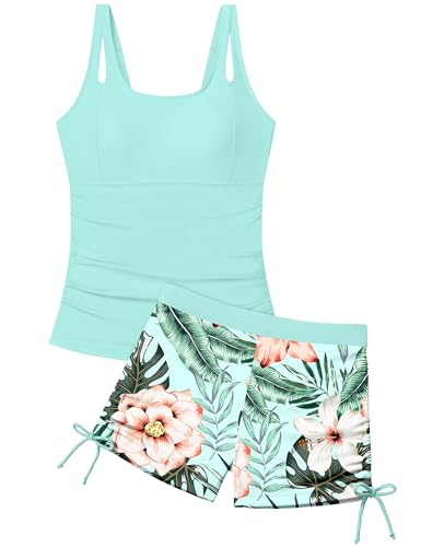 Aulyffo Girls Tankini Swimsuits Size 14-16 Girl Bathing Suits Size 14-16 Tropical Print Swimsuits for Teen Girls Ruched Swim Tank Top with Boy Shorts Light Blue