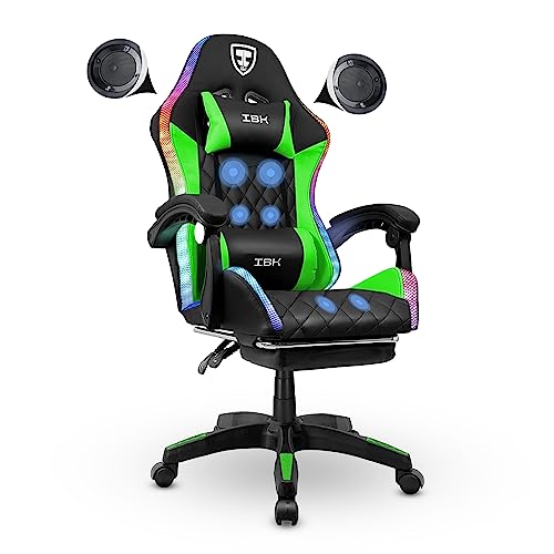 IBK Sedia da Gaming professionale, similpelle, massaggiante, supporto lombare, Led RGB, casse bluetooth, regolabile in altezza, schienale reclinabile, pistone a gas classe 3, Ufficio PC (Verde)