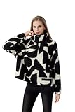 HYGLuosie Women's Faux Fur Pullover Jacket, Half Zip Stand Collar Short Outerwear with Geometric Print for Sping, Black/White, Size L