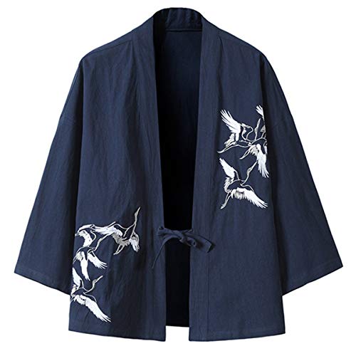 Image of Mens Japanese Kimono Cardigan Cotton Linen Haori Fashion 3 /4 Sleeve Yukata | Shawl Collar Kimono Jacket Robe Embroidery Patchwork Happi Coat Tie Pockets Lightweight Outerwear Daily Casual All Seasons