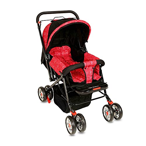 Image of Pop Pop Baby Pram & Stroller with Reversible Handle, Mosquito Net, Mother Bag, Multiple Reclining and Wheels with Brake (Red)