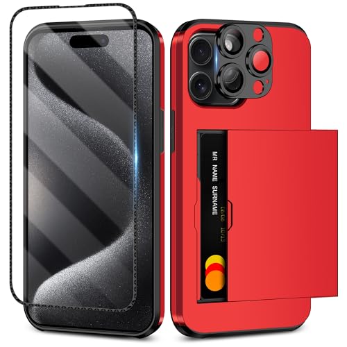 SAMONPOW 4-in-1 iPhone 15 Pro Max Case with Screen Protector & Camera Cover Hybrid iPhone 15 Pro Max Case Wallet Card Holder Shockproof Protective Phone Case for iPhone 15 Pro Max Case (Metallic Red)