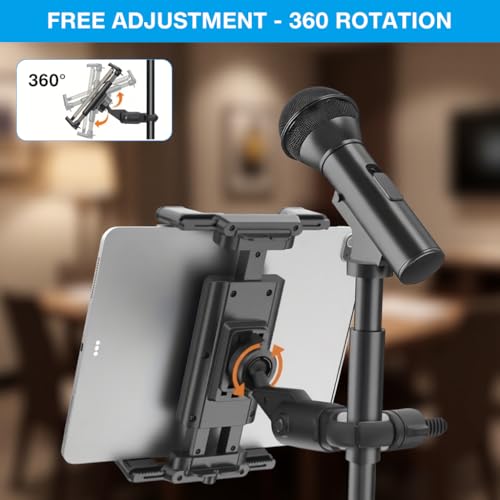 Image of HASTHIP Tablet Phone Holder for Microphone Stand, Universal Clamp Mount for 4.7-13 inch Tablets & Smartphones, 360 Rotating, Adjustable Arm, Portable Mic Stand Clip for Live Streaming, Performers