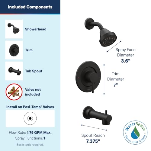 Moen Align Matte Black Eco-Performance Posi-Temp Pressure Balancing Modern Tub and Shower Trim Kit, Featuring Shower Head, Lever Handle, and Tub Spout, Valve Required, T2193EPBL - image 3
