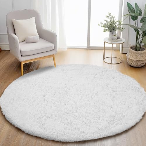 Puremy White Round Rug for Bedroom, 4x4 Fluffy Circle Area Rugs for Kids Room, Soft Shaggy Circular Carpet for Nursery Living Room, Non-Slip Home Decor Rug for Teen's Room
