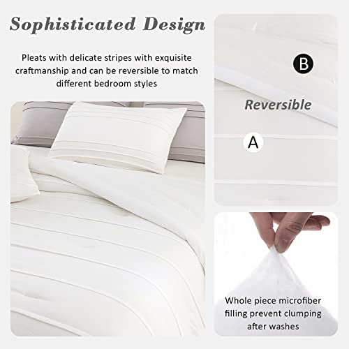 Aleissel Stripes Off-White Comforter King Size,Pleated King Comforter Set, Ultra-Soft White Bedding Set King Size 3 Pcs, Down Alternative Comforter Set(Off White,King104 X90) #TOP2
