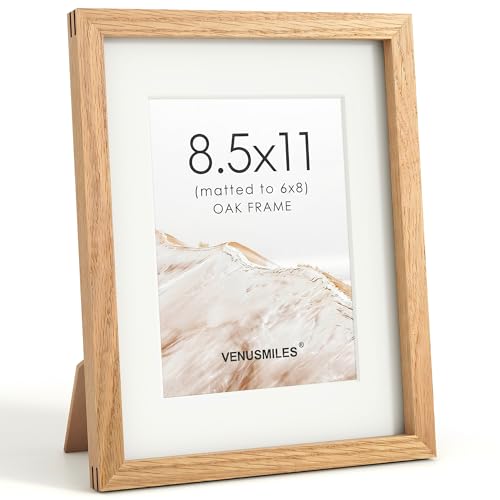 Image of 8.5x11 Picture Frame, USA-Sourced Natural Oak Wood Photo Collage Frame with HD Tempered Glass, Modern Simple 8.5x11 Wooden Frame Matted to 6x8, Gallery Wall Frames for Art, Wall or Tabletop Display