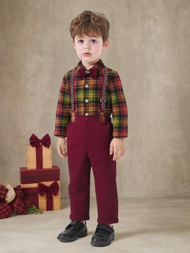 Image of Boarnseorl Baby Boys Pants Sets, Infant Long Sleeve Shirt + Pants + Bow Tie + Suspenders Outfits
