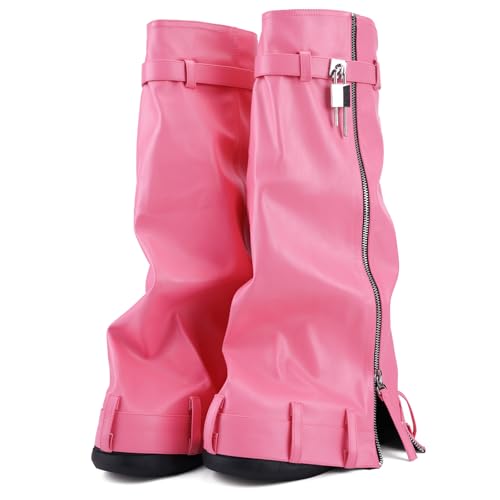 Fold Over Wedge Boots For Women Slouchy Rounded Toe Platform Knee Shark Boot With Side Zipper Pull-on Padlack Boots