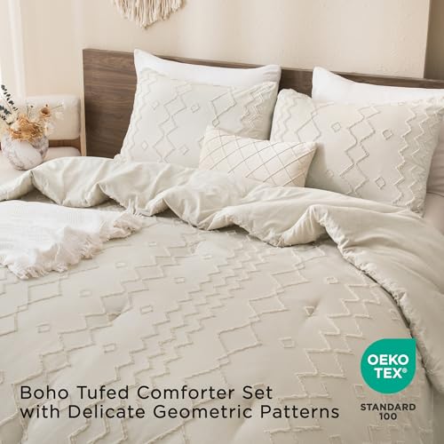 Image of Andency Beige Tufted Comforter Set Full(79x90Inch), 3 Pieces(1 Boho Comforter, 2 Pillowcases) Textured Farmhouse Bed, Soft Down Alternative Geometric Bedding Set