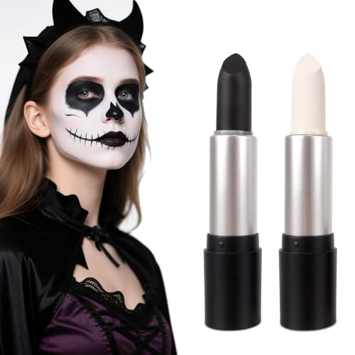 Halloween maquilhagem Stick preto branco, 2 peças maquilhagem teatral stick pintura facial batom preto maquilhagem conjunto Halloween pintura facial para zombie joker esqueleto palhaço monstro vampiro