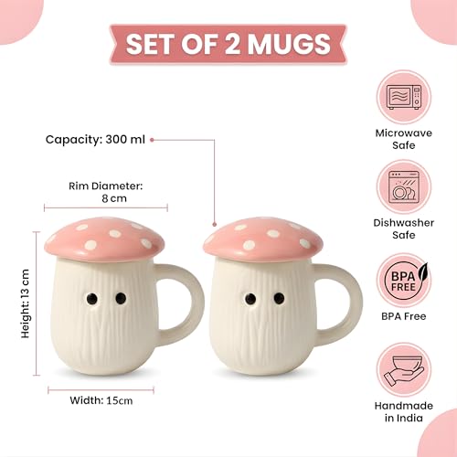 Image of Pink Mushroom Ceramic Mugs with Lid Set of 2 | 300ml Coffee Tea Cups Polka Dot | Microwave Dishwasher Safe | Valentine Couple Gift | Home Decor Kitchen Dining Handmade India