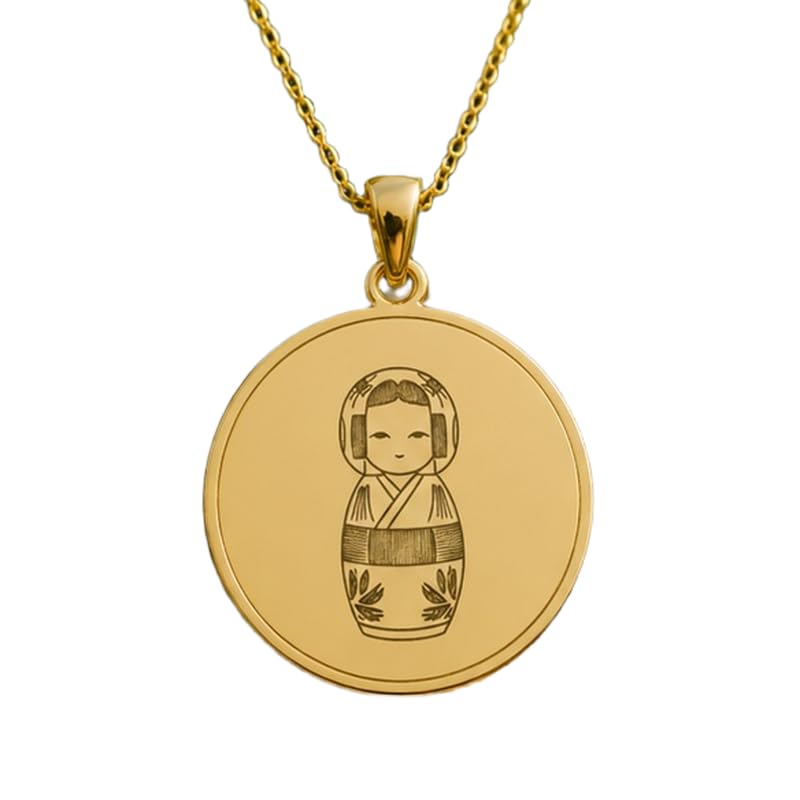 Collier pendentif rond Kokeshi en argent plaqué or, le cadeau fait main idéal