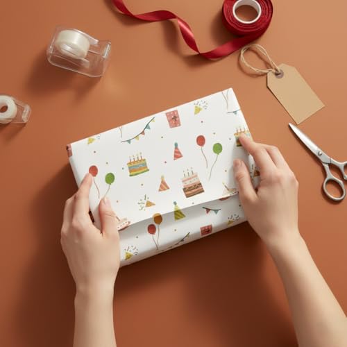 Image of QIPS | NUKKAD Printed Gift Wrapping Paper - Pack of 10 Sheets (19 inch x 29 inch) | Glossy Finish, 80 GSM Acid-Free Paper | Ideal for Birthdays, Baby Showers & Festivals (Cakes & Party Prints)