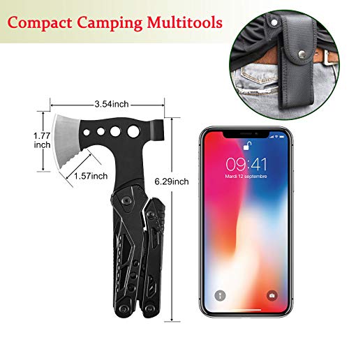 Camping Multitool Accessories Gifts for Men: 15-in-1 Pocket Fold Compact Tools with Knife Axe Hammer Screwdriver Plier Bottle Opener Durable Pouch for Fishing Hunting Backpacking Hiking Kit