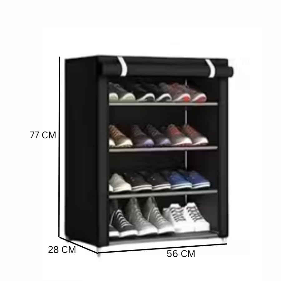 Image of Easy Buy 4 Shelves Shoe Rack Plastic Grey with Zip Door Cover & Side Pockets, Multiuse Storage Rack for Footwear, Toys, Clothes with Dustproof Cover 4 Shelves