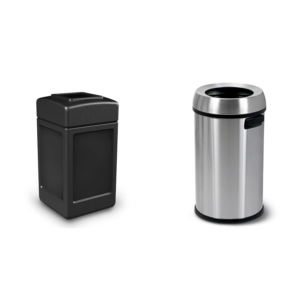 Commercial Zone Products PolyTec Series 42gal Square Trash Can, Black (732101) & Simpli-Magic 65 Liter Open Top Trash Can, Commercial Grade, Stainless Steel