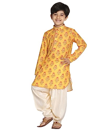 VASTRAMAY Boys' Multicolor-Base-Mustard And Cream Kurta Patiala S...