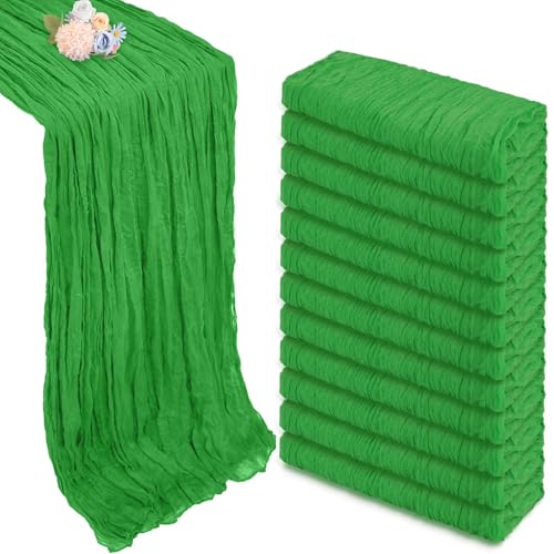 12 Pack Green Cheesecloth Table Runner 10ft Boho Gauze Fabric Cheese Cloth Table Runner 35 x 120 Inch Rustic Sheer Runner for Romantic Wedding Decor Baby Shower Party Table Centerpiece Decoration
