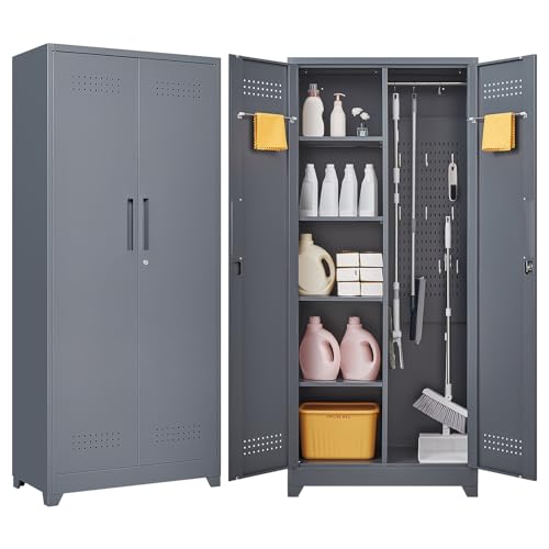 Metal Storage Cabinet,Storage Cabinet with Doors and Shelves,Tall Locking Tool Cabinet Hanging Rods and Shelves,72.8
