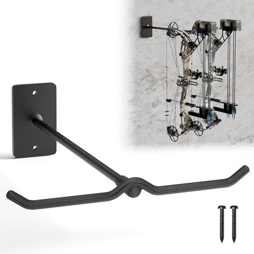 POOWEE Compound Bow Hanger for Wall - Heavy Duty Steel Compound Bow Holder Recurve Bow Wall Mount with Durable Composite Padding Bow Hanger Display for 2 Bows Vertical Storage Bow Hangers for Wall