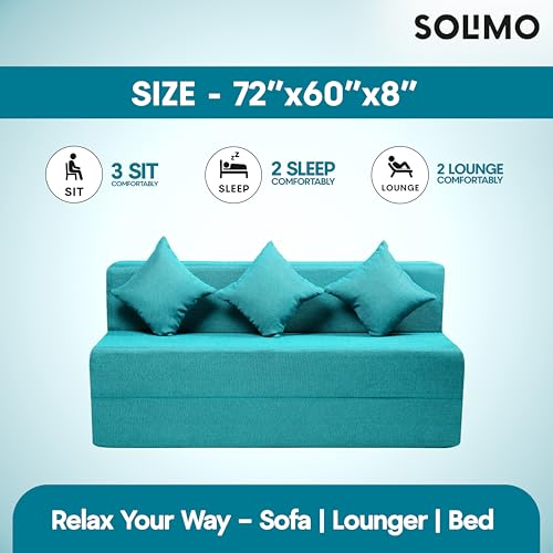 Image of Amazon Brand - Solimo 3 Seater 5 * 6 Jute Fabric Washable Cover Sofa Cum Bed with 3 Cushions 3 Seater Double Foam Fold Out Sofa Cum Bed (Finish Color - Sky Blue Delivery Condition - Pre-Assembled)