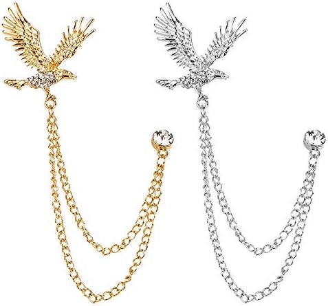 Huture 2 Packs Men's Eagle Brooch Lapel Pin Badge Hanging Chains Collar Brooches Pin for Career Suit Tuxedo of Shirts Tie Hat Scarf for Boyfriend Father Birthday Gold/Silver