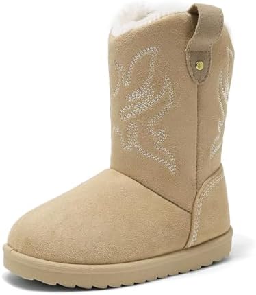 Girls Boots Fur Lined Kids Suede Cowgirl Boots Winter Warm Fuzzy Cowboy Boots Non-Slip Sole Mid Calf Snow Boots