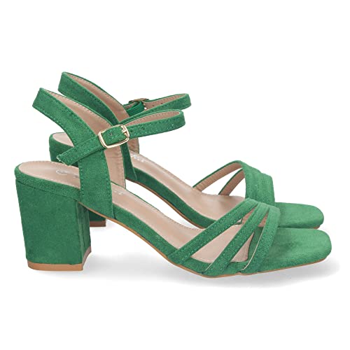 shoes&blues.es 72120-Sandalia de Tacon para Mujer, Comoda, con Palas Finas, Talon Abierto, y Cierre de Hebilla, Primavera Verano 2023. Talla 37 Verde