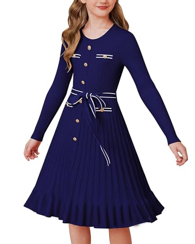 GRACE KARIN Mädchen Strickkleid Festlich Elegant Langarm Winterkleid Zopfmuster Partykleid Marineblau 7 Jahre
