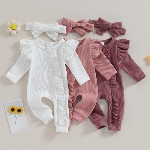 MoZiKQin Newborn Baby Girl Ruffle Romper Knit Sweater Onesie Jumpsuit Long Sleeve Zipper Romper Solid Fall Winter Outfits 7