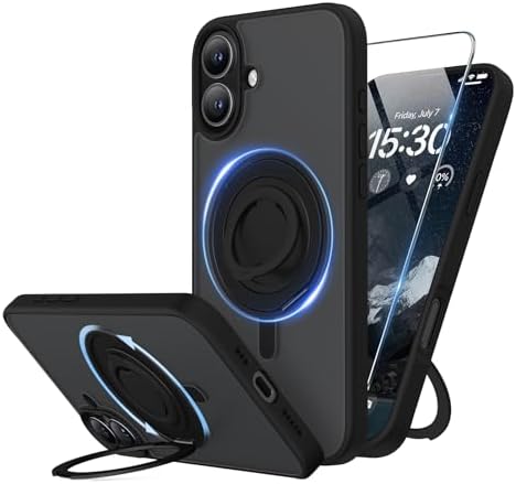 SURPHY 360° Magnetic Stand for iPhone 16 Case with Finger Ring, Compatible with MagSafe, with Screen Protector, Ring Stand and Finger Phone Case for 16 6.1 inch 2024, Frosted Black
