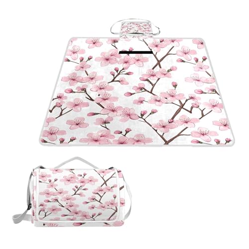 MNSRUU Picnic Blanket Waterproof Foldable, Floral Cherry Blossoms and Branches Pink Large Outdoor Picnic Blanket Beach Blankets Camping Blanket Travel Mat, Shoulder Strap Tote, Rectangle 57x59in