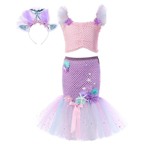Disfraz Sirena Niña,Disfraz Niña de Vestido Princesa Niña de Sirena con Tops, Faldas, Cetro Collar Pendientes Accesorios, Disfraz niña Halloween Cosplay Cumpleaños Carnaval Fiestas#es31